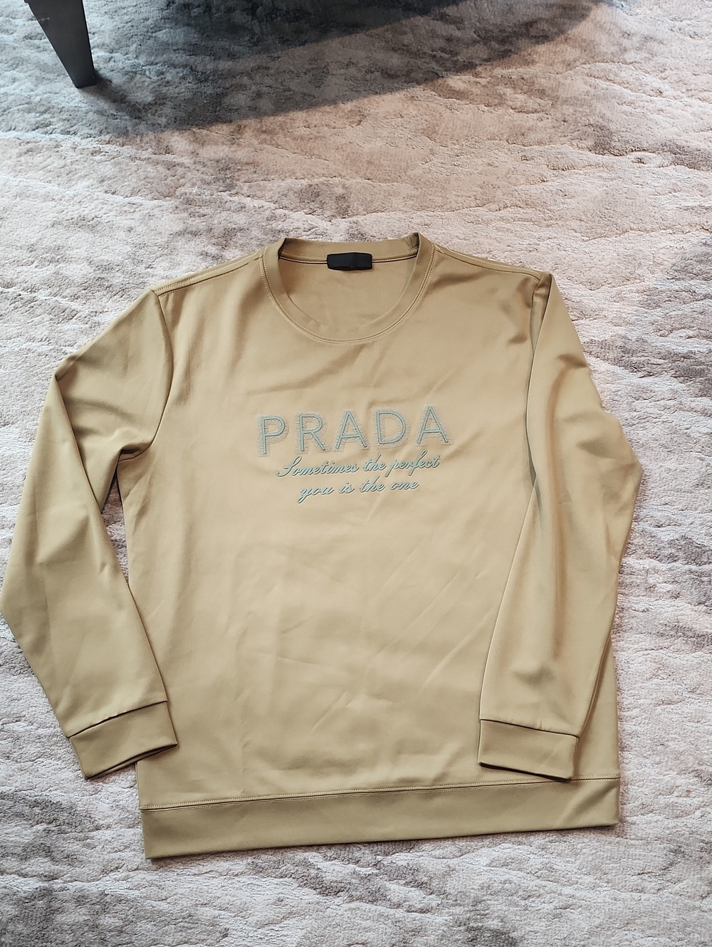 Prada Men’s Khaki Crewneck Sweater with Embroidered Logo